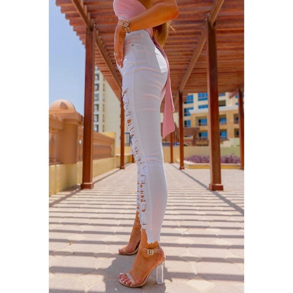 White High Waist Ripped Distressed Skinny Jeans Denim Pants - Picture 6 of 8